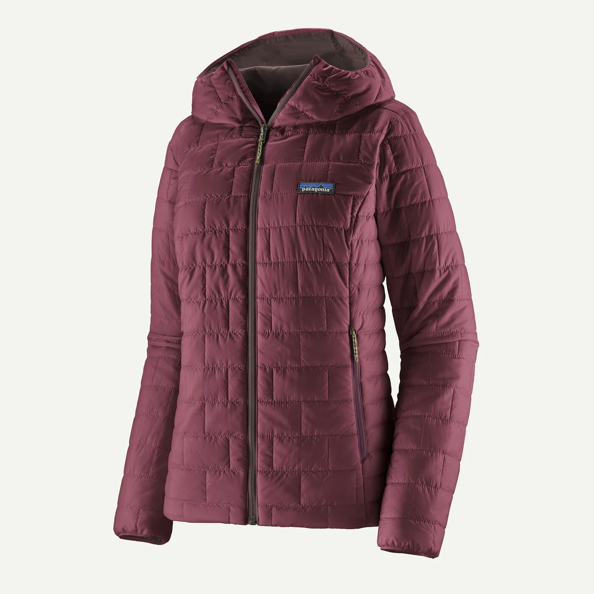 Purple quilted jacket with a brand logo on a white background