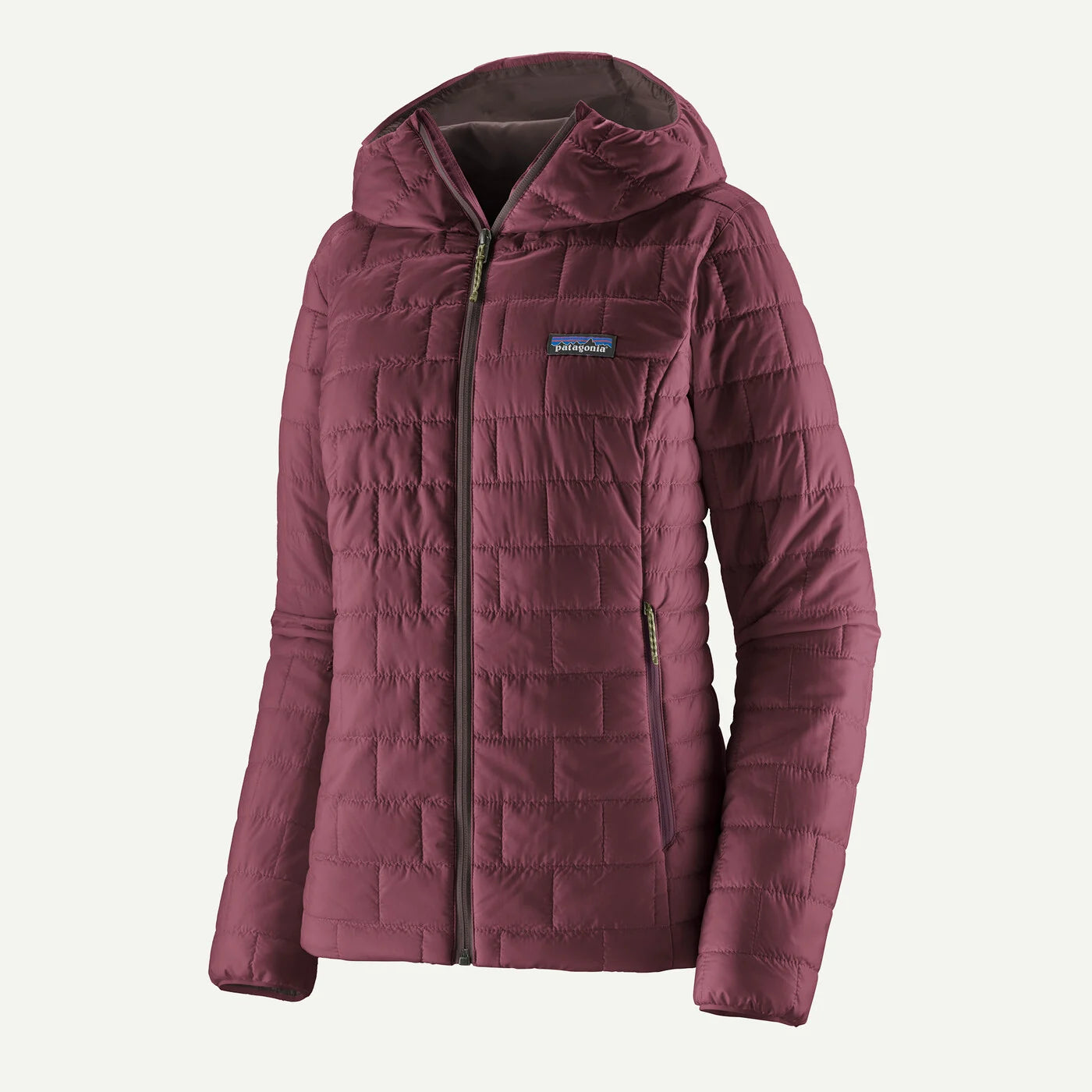 Purple quilted jacket with a brand logo on a white background