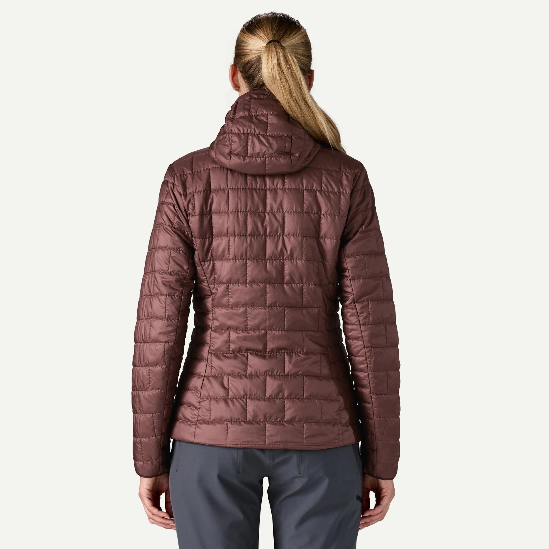 Patagonia Nano Puff Hoody Women's, on model, back, dark ruby