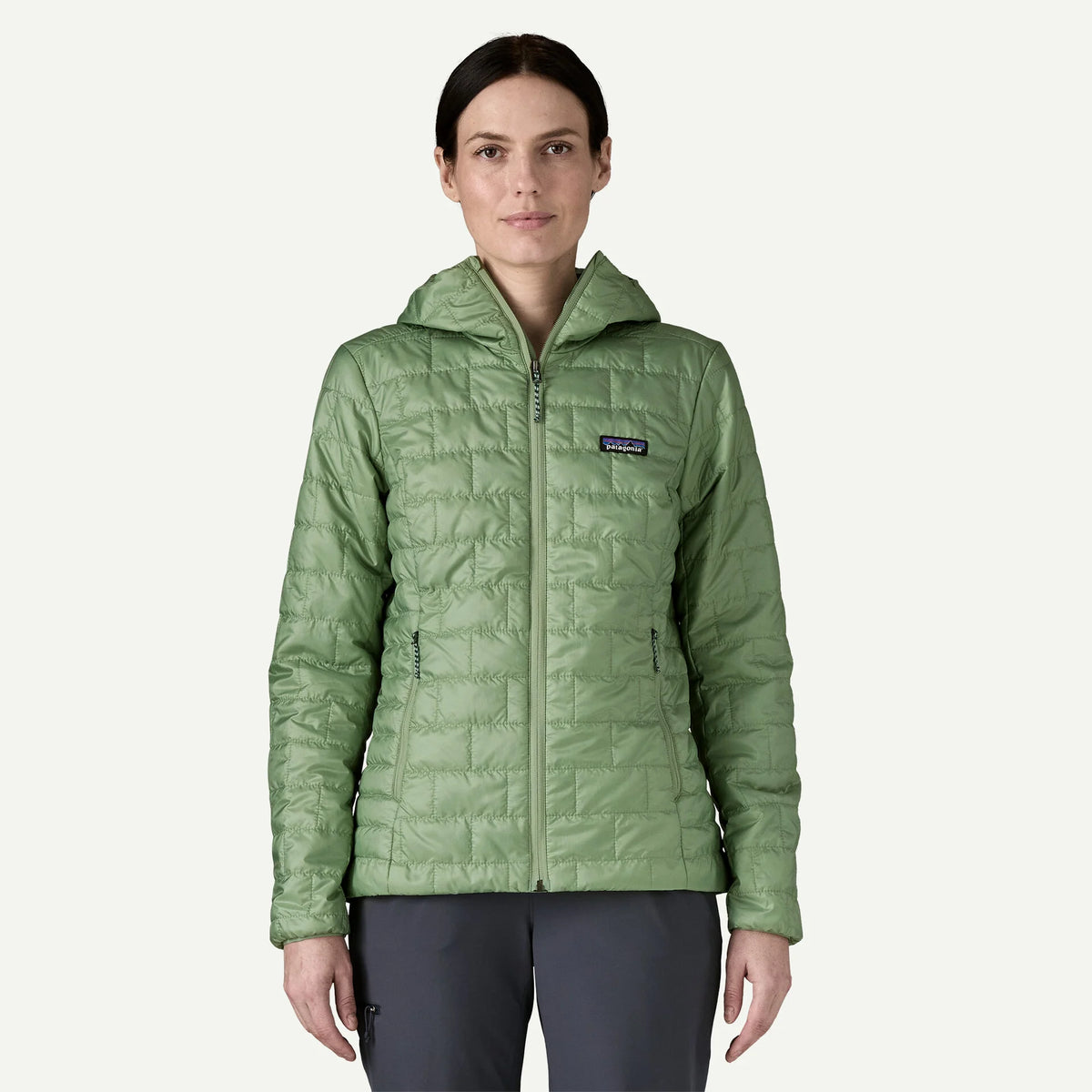 Patagonia Nano Puff Hoody Women's, on model, ellwood green, front