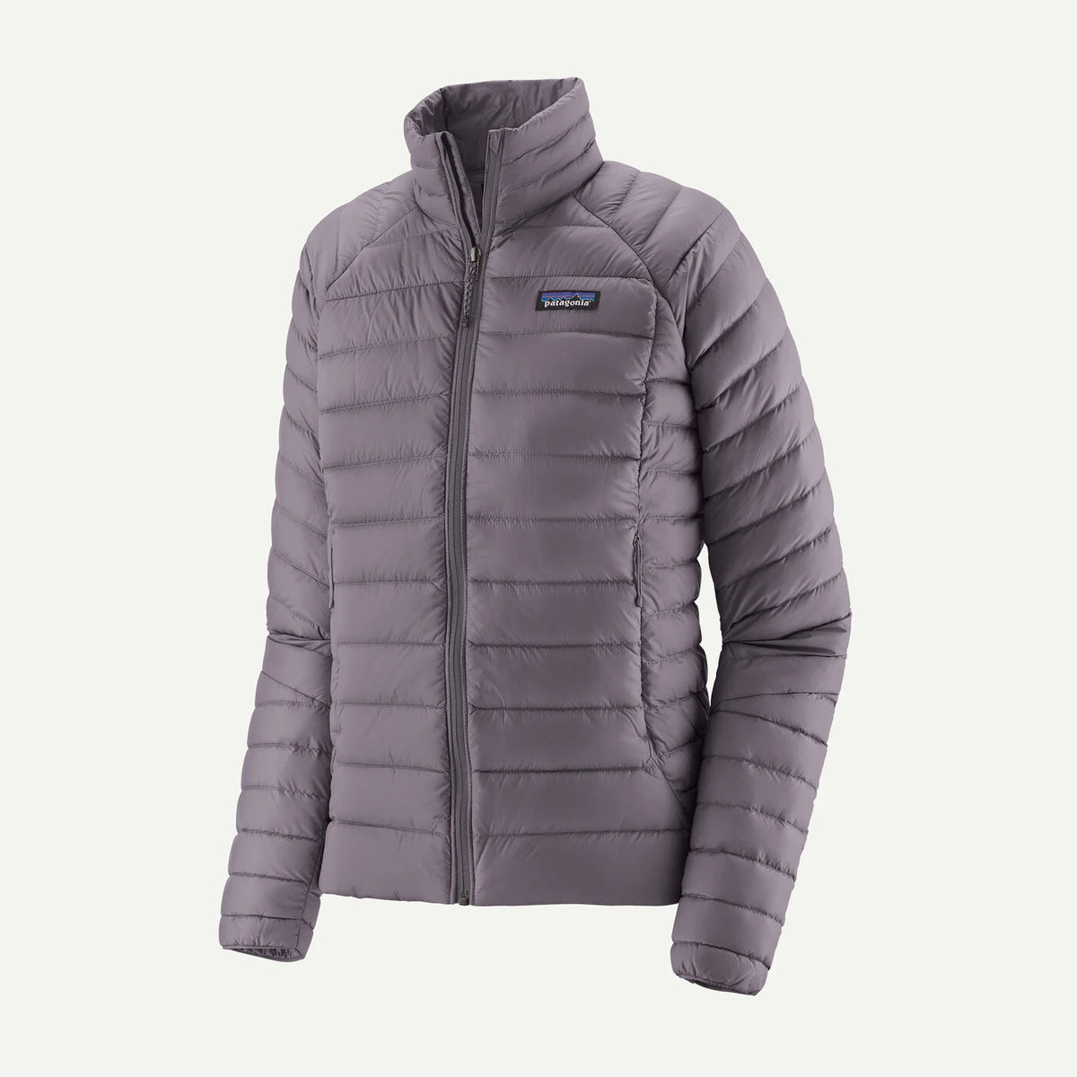 Grey puffer jacket with a brand logo on a white background