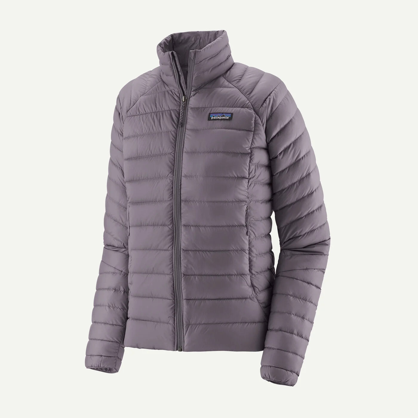 Grey puffer jacket with a brand logo on a white background