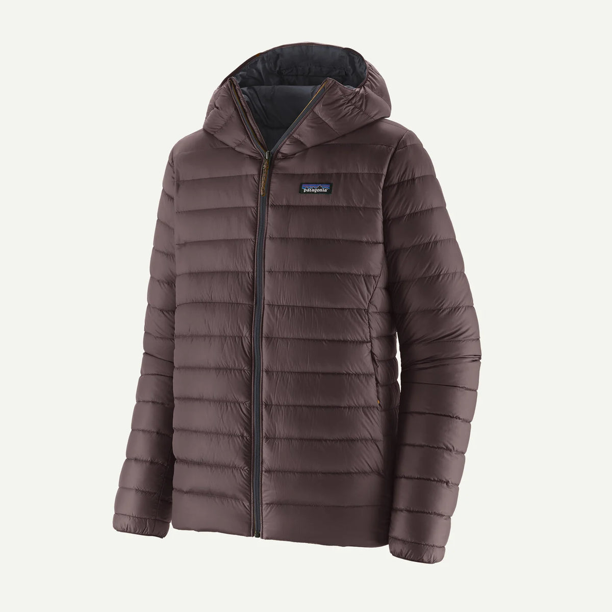 A brown Patagonia hooded puffer jacket with horizontal quilting, a front zipper, and a small Patagonia logo patch on the left chest, shown against a plain white background.