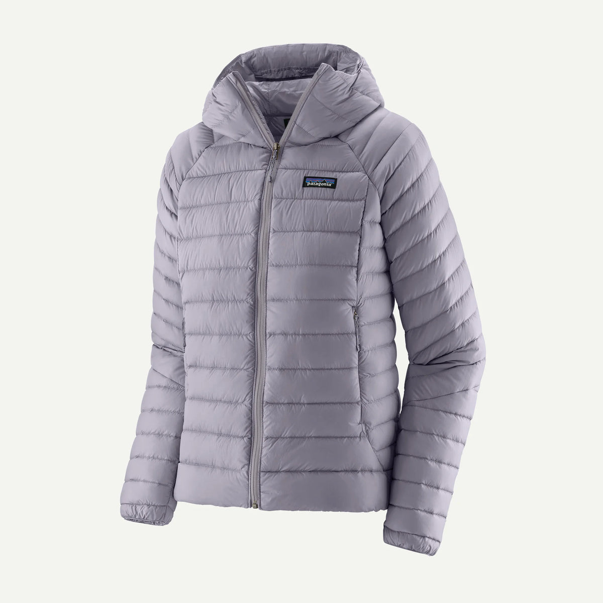 patagonia womens down sweater hoody in the color permafrost purple, front view