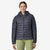 patagonia womens down sweater hoody in the color smolder blue, worn by model, front view