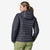 patagonia women's down sweater hoody in the color smolder blue, worn by model, back view