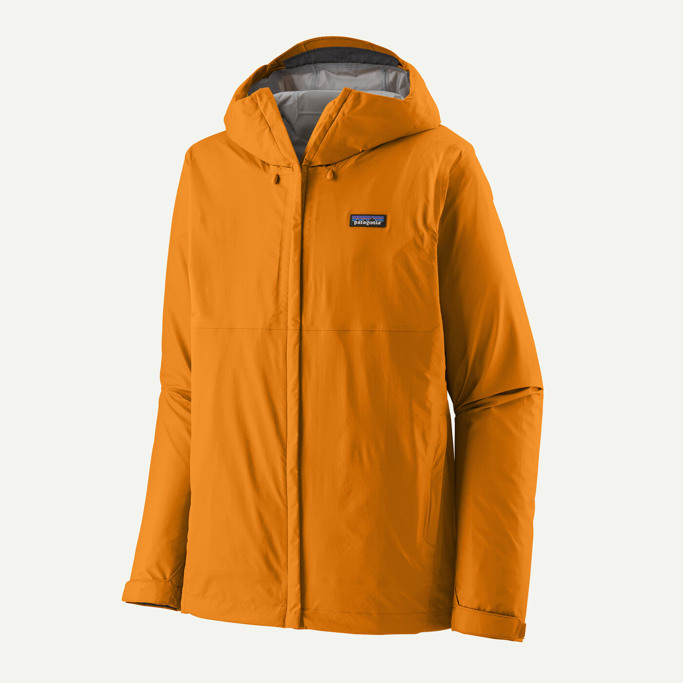 An orange Patagonia hooded jacket with a gray interior lining, shown on a light off-white background. The Patagonia logo is visible on the left chest.