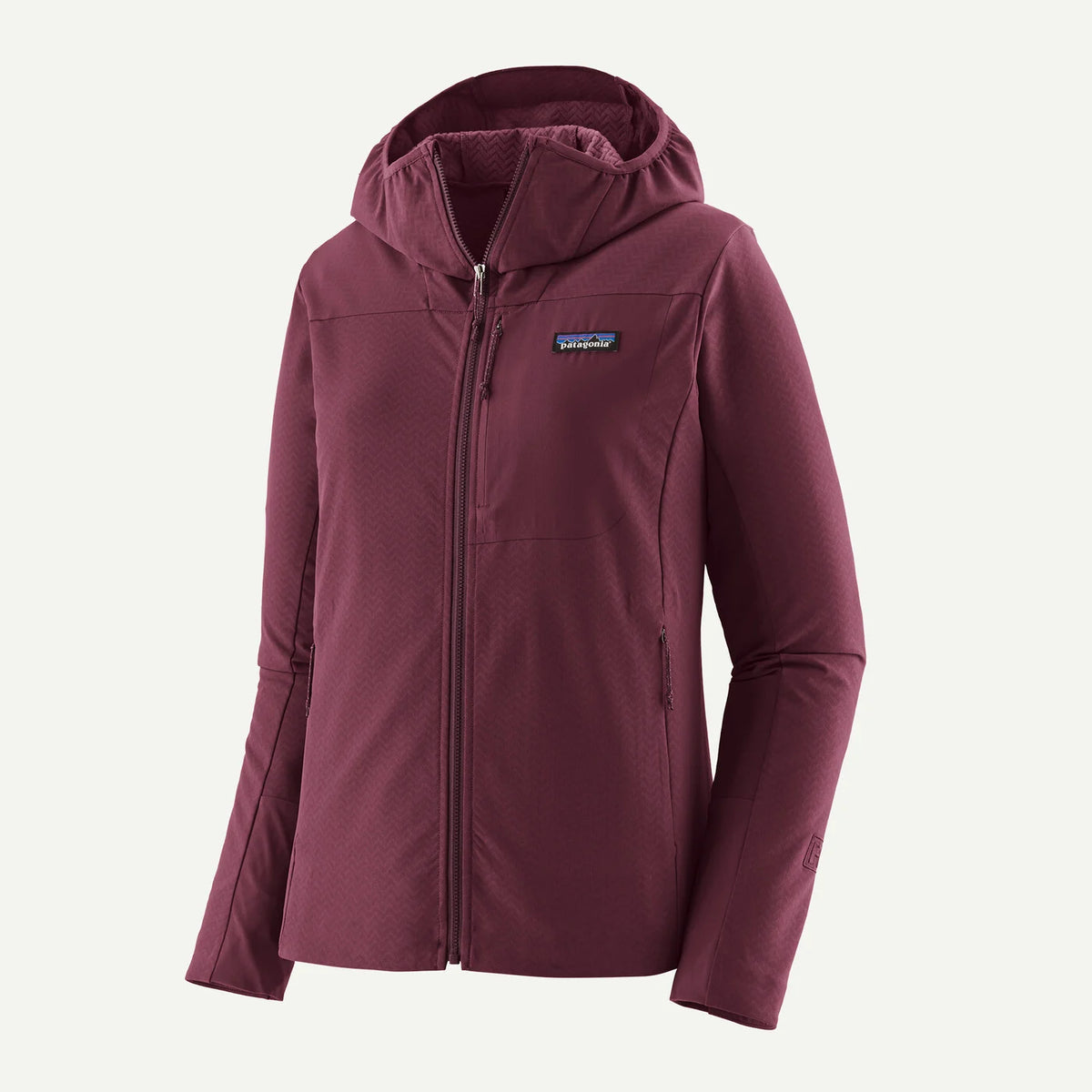 Maroon jacket with a brand logo on a white background