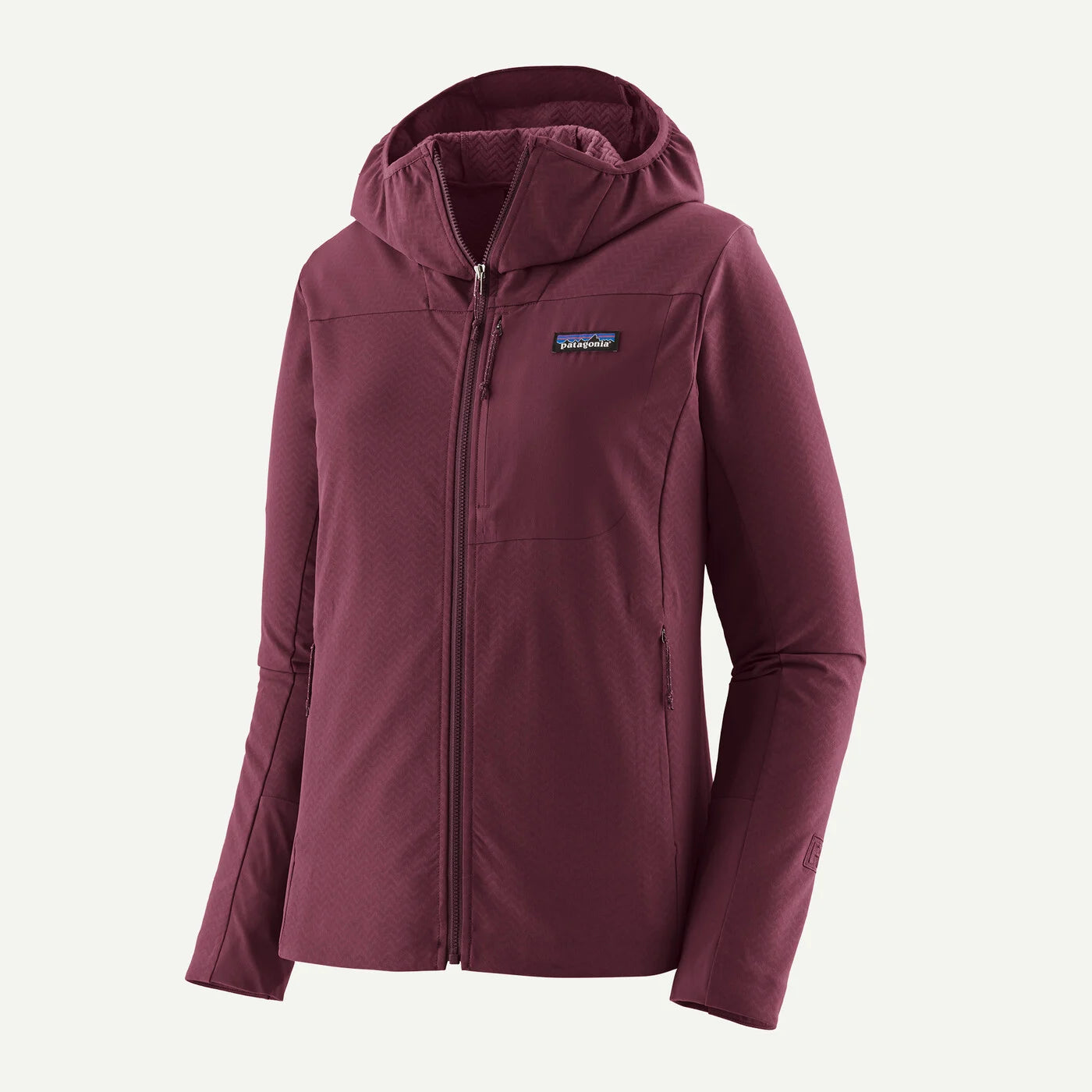 Maroon jacket with a brand logo on a white background