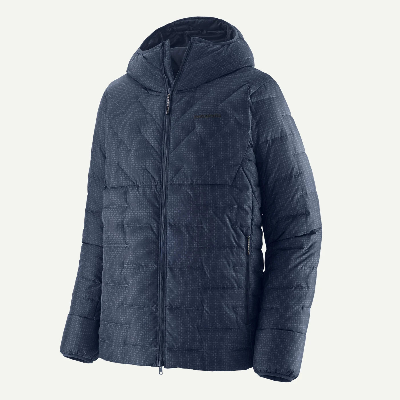 A navy blue hooded puffer jacket with a textured pattern, shown on a plain white background.