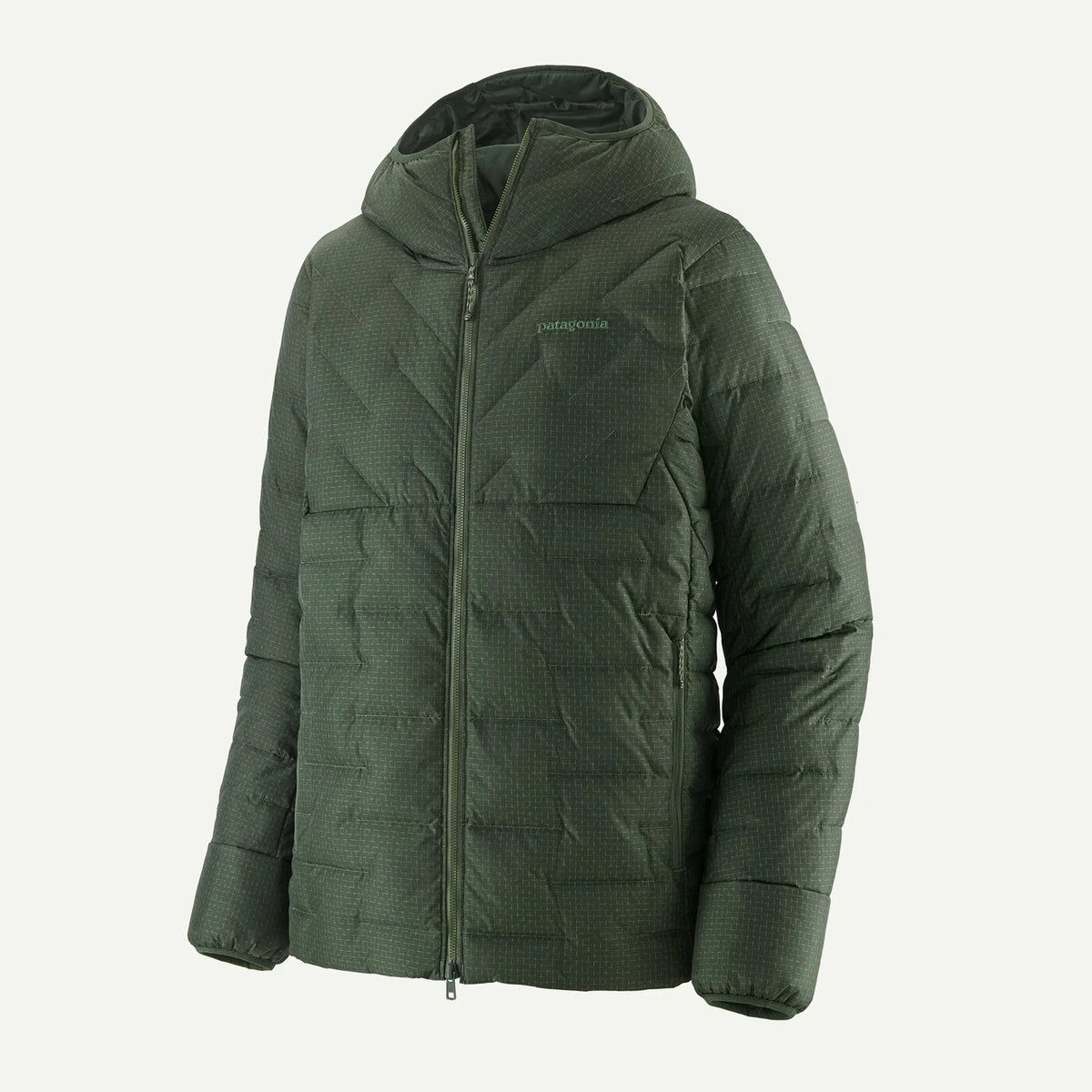 A dark green Patagonia hooded puffer jacket with a full-zip front and subtle textured pattern, shown on a light off-white background.