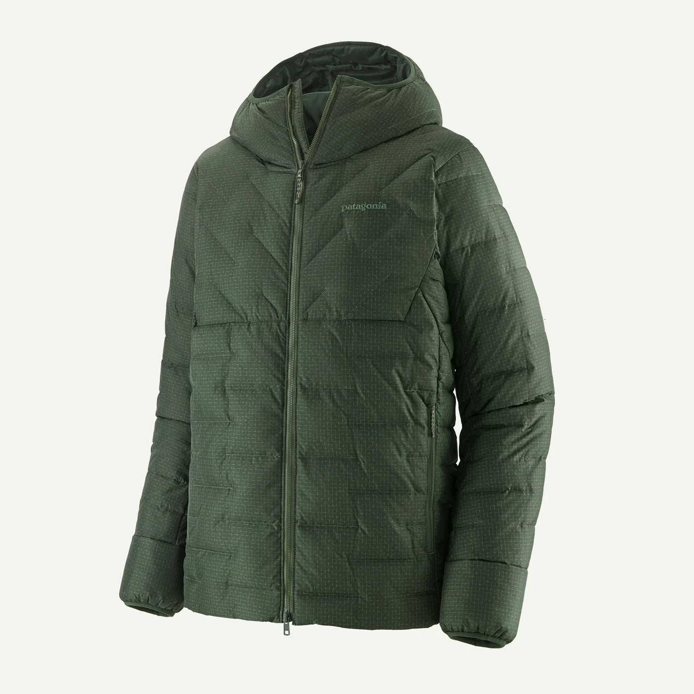 A dark green Patagonia hooded puffer jacket with a full-zip front and subtle textured pattern, shown on a light off-white background.