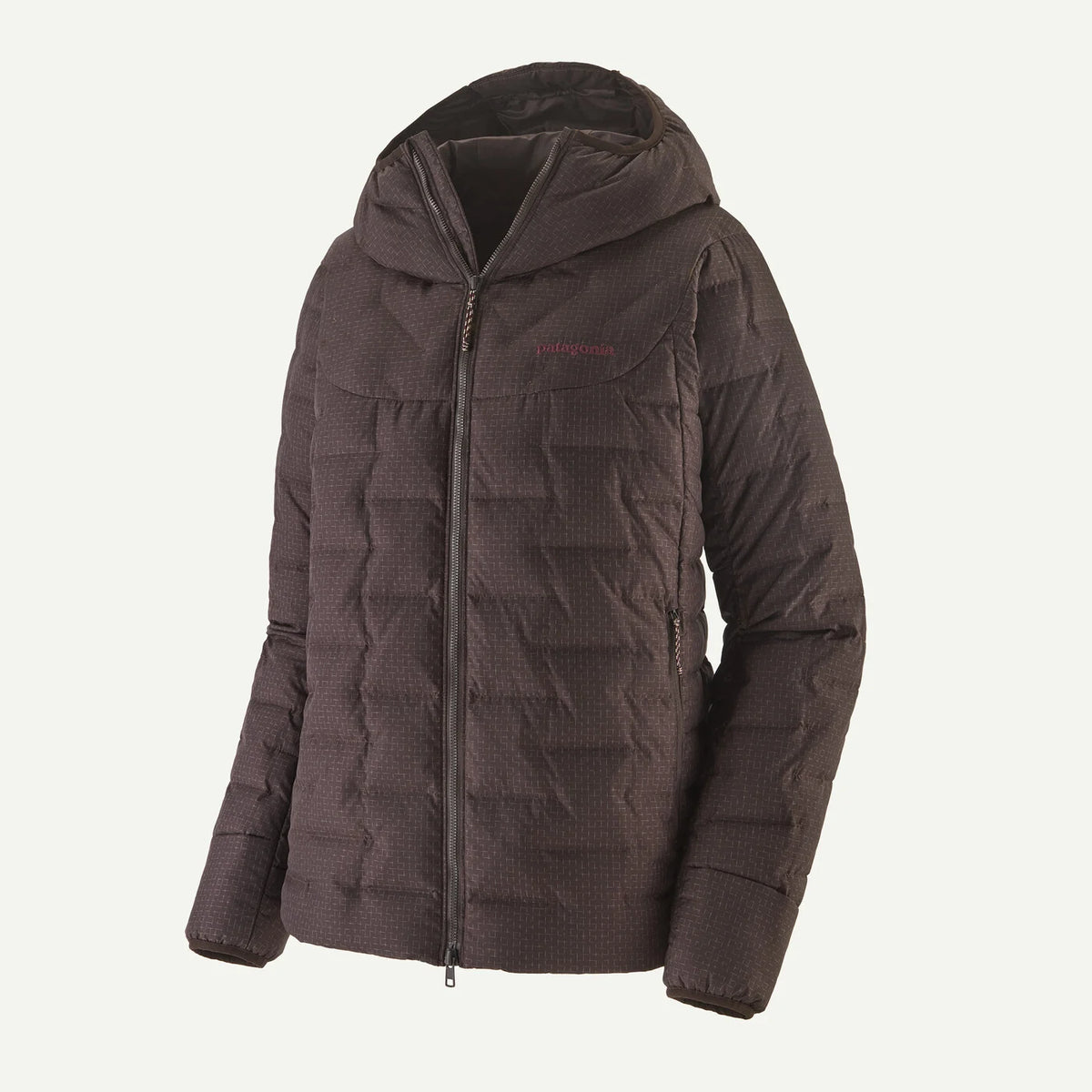 Brown quilted jacket with a brand logo on a white background