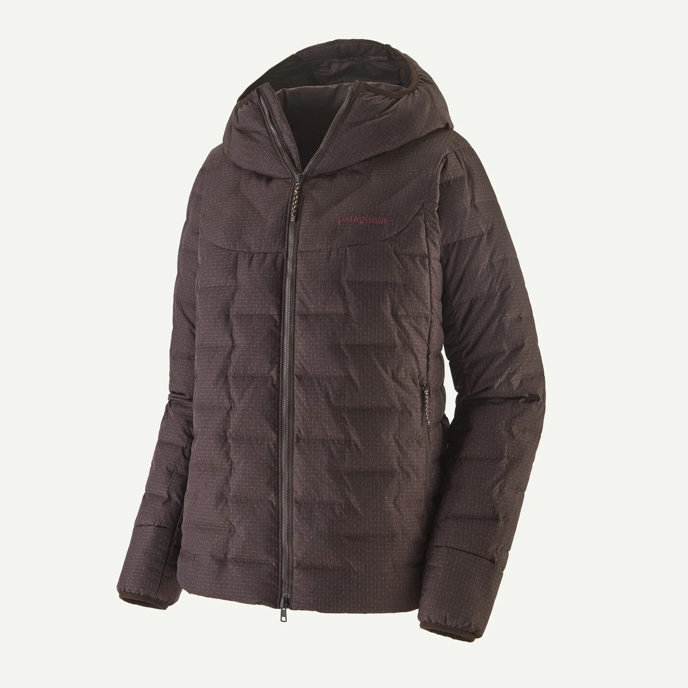Brown quilted jacket with a brand logo on a white background