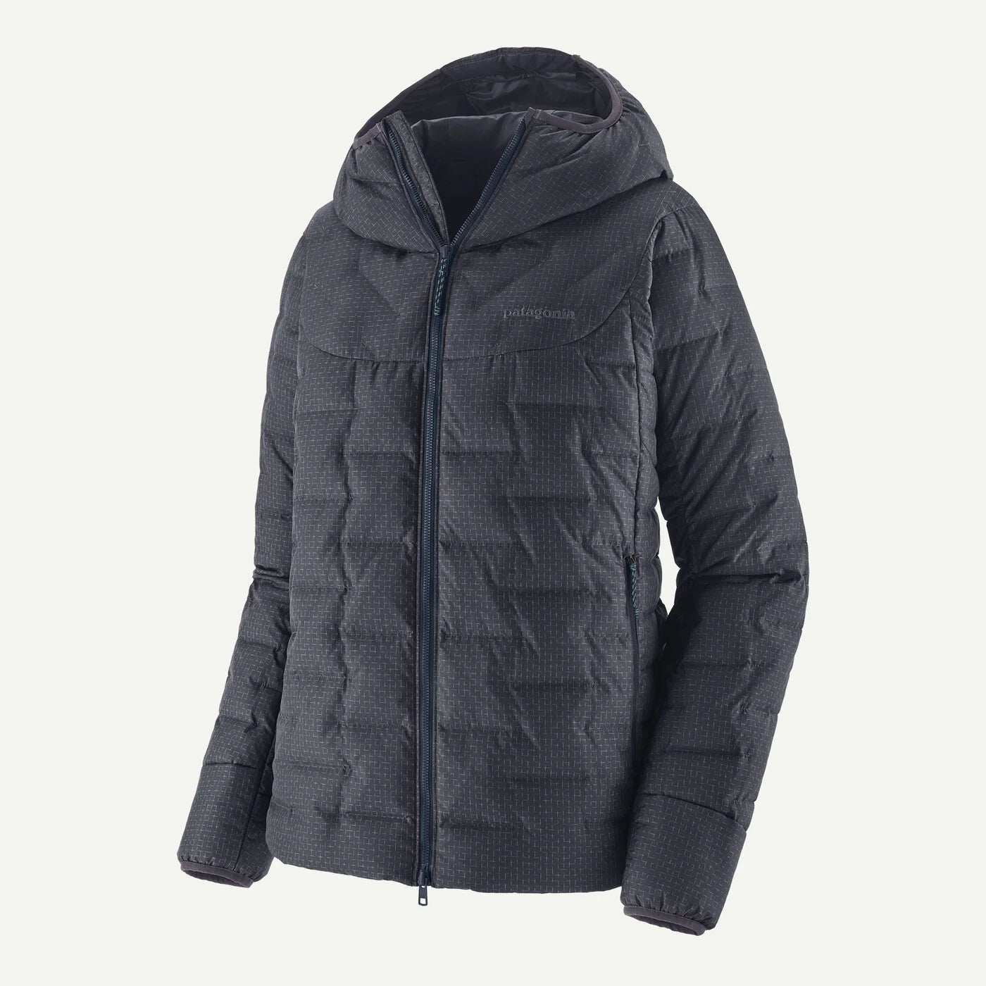 A dark gray-blue hooded puffer jacket with a textured pattern, shown on a plain white background.
