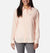 a model wearing the columbia silver ridge utility long sleeve shirt womens in the color peach blossom, front view