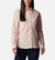a model wearing the columbia womens silver ridge utility patterned long sleeve shirt in the color peach blossom, front view