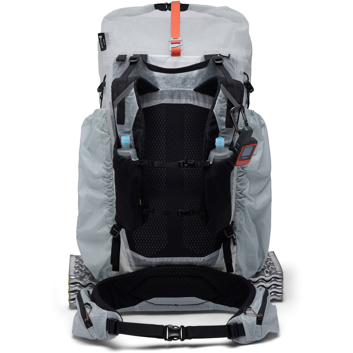 Gray and black backpack with orange accents on a white background