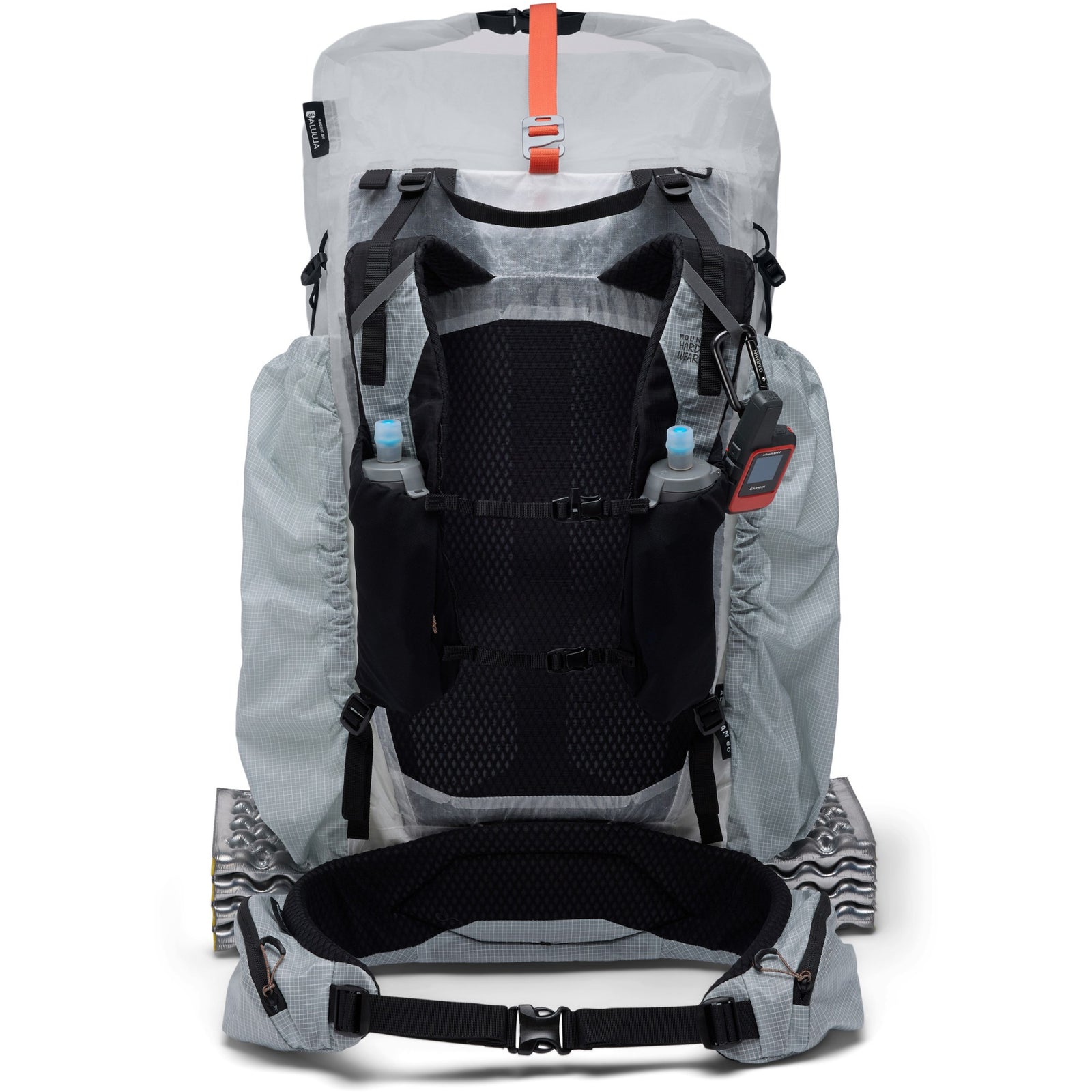 Gray and black backpack with orange accents on a white background