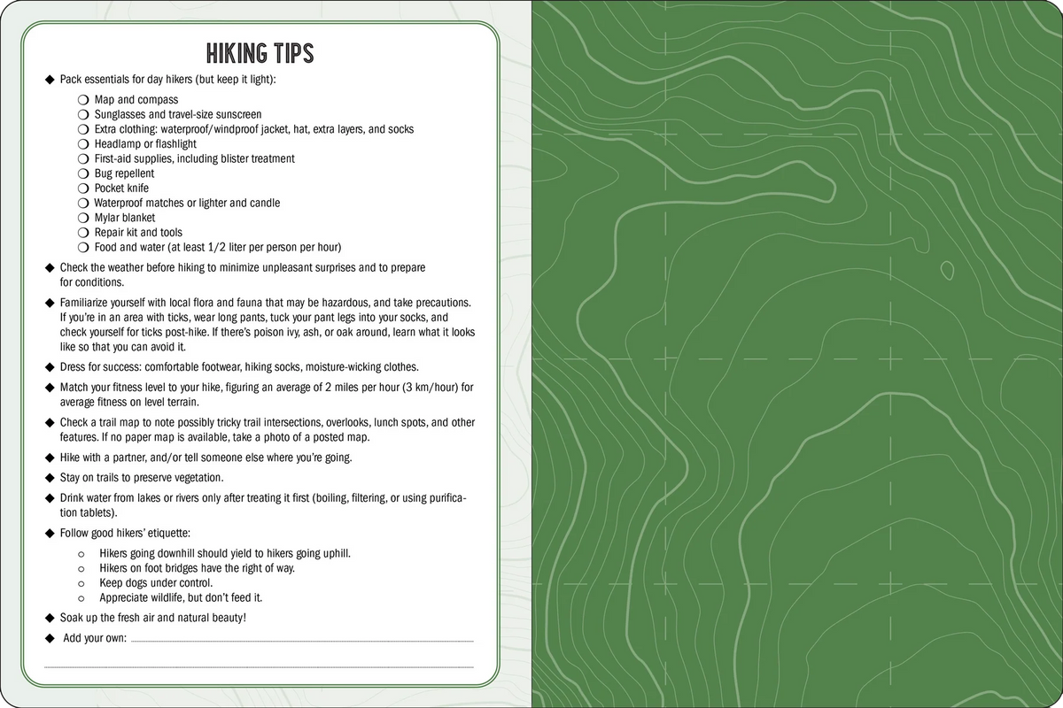 Hiking tips guidebook with green topographic design on cover