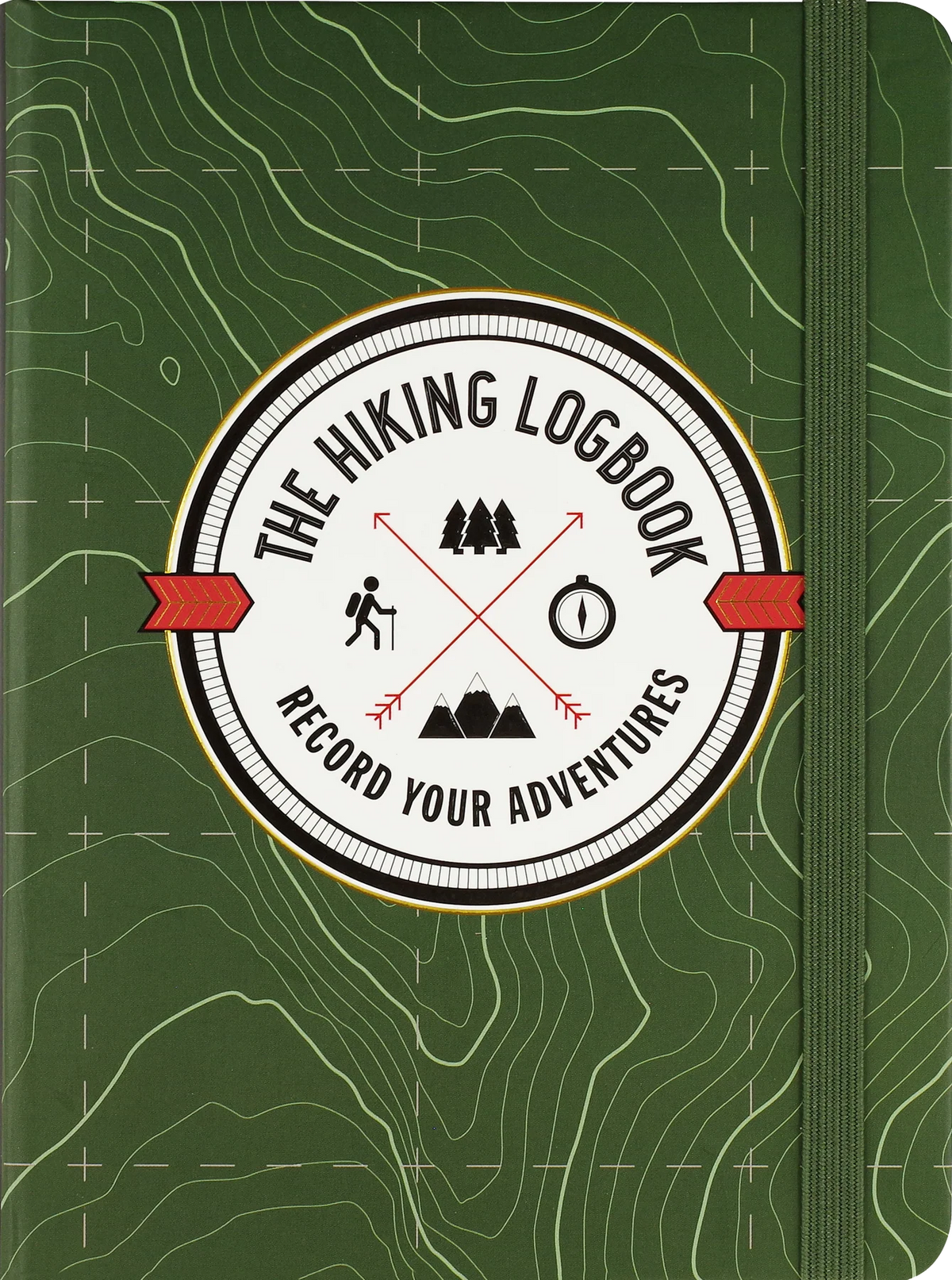 Green hiking logbook with topographic design and 'The Hiking Logbook' logo.