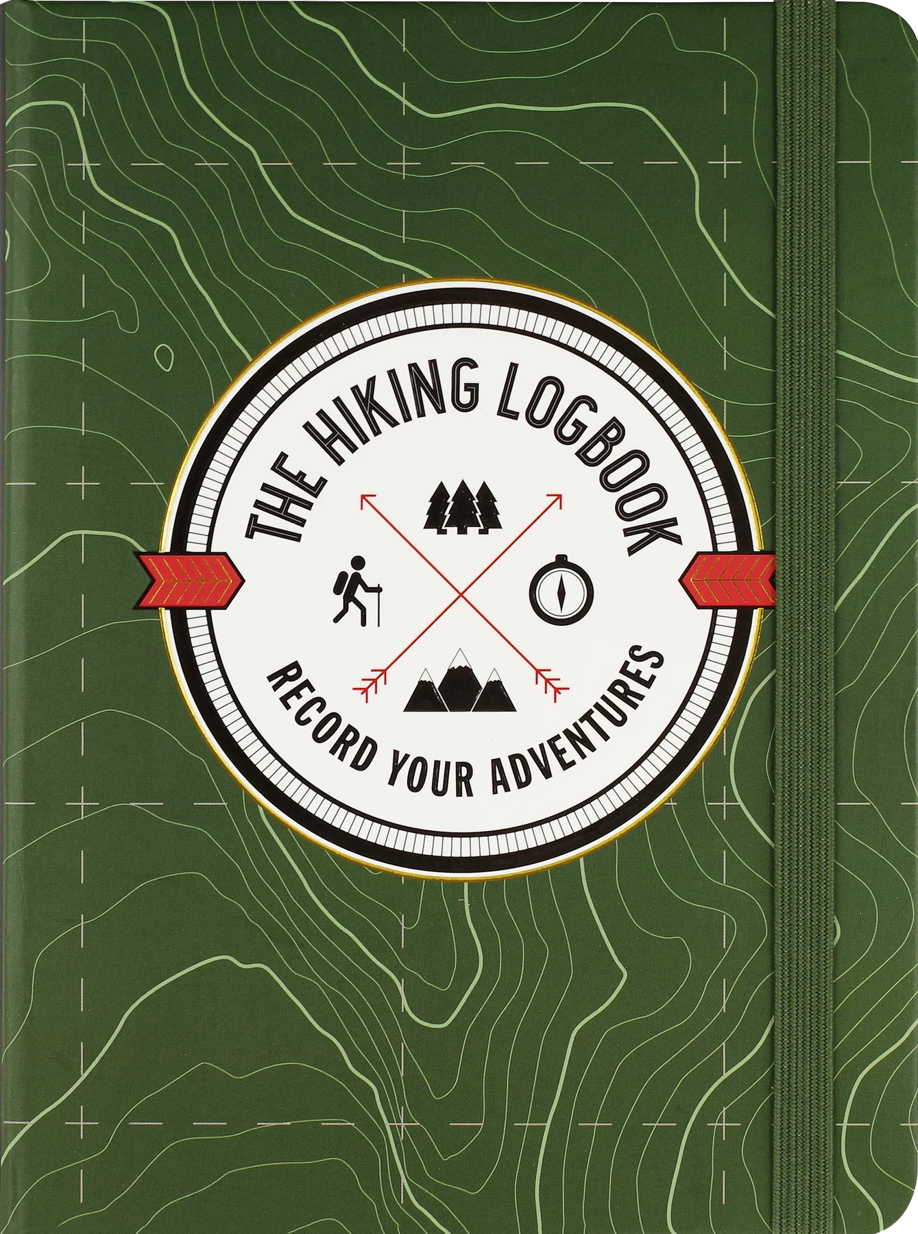 Green hiking logbook with topographic design and 'The Hiking Logbook' logo.