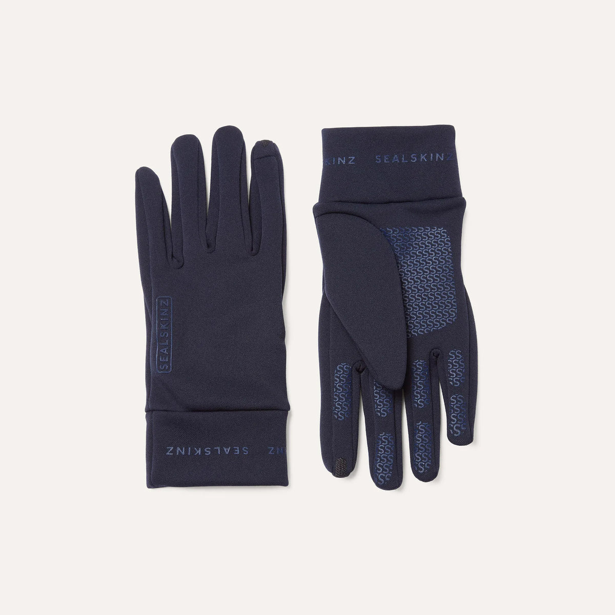 Pair of navy gloves with brand logo on a light gray background