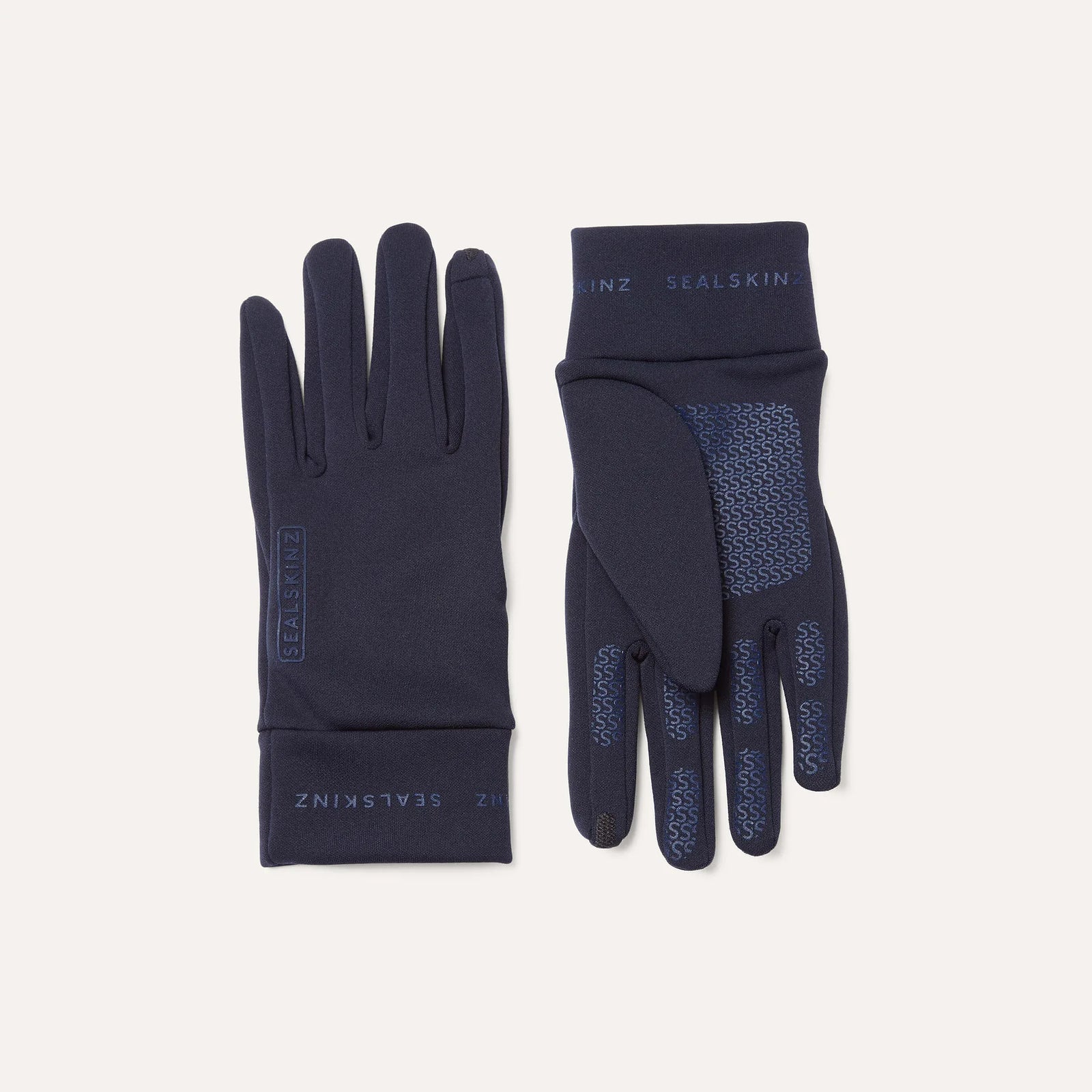 Pair of navy gloves with brand logo on a light gray background