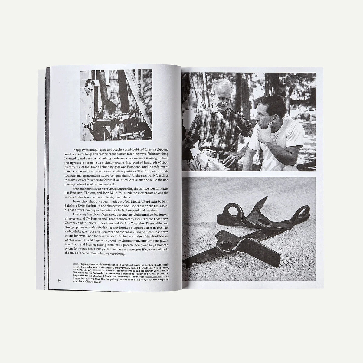 Open book showing text, and black and white photos of people and tools on a white background