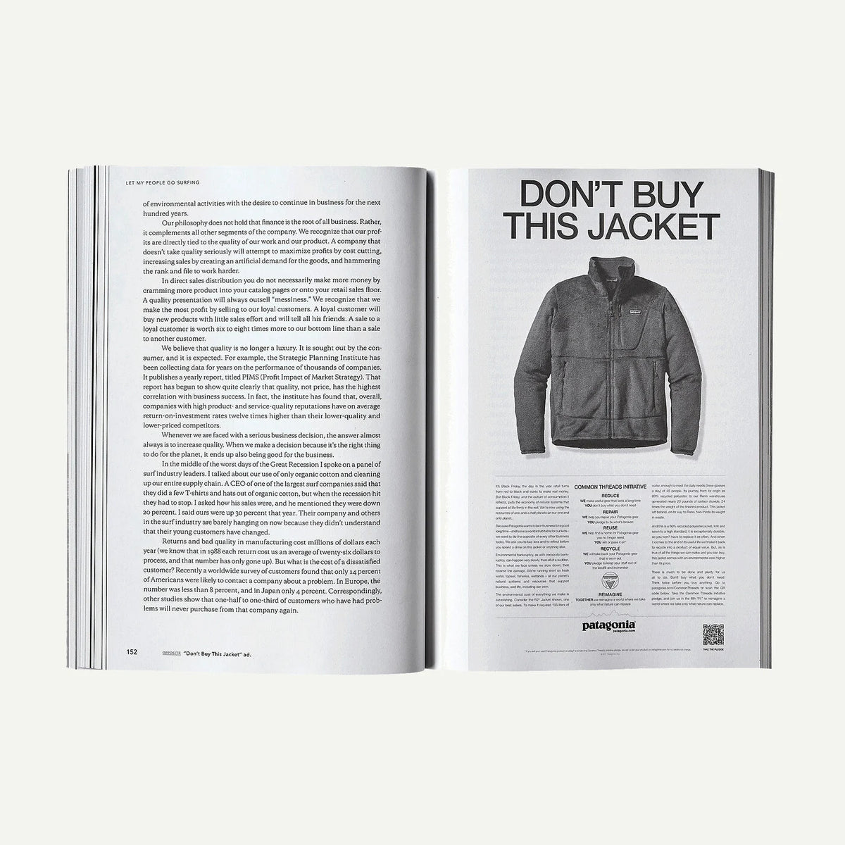 An open book spread showing a jacket featured in a printed ad. The left page contains book text, and the right page has the headline 'DON'T BUY THIS JACKET' above a grayscale photo of a zip-front jacket, with more text below.