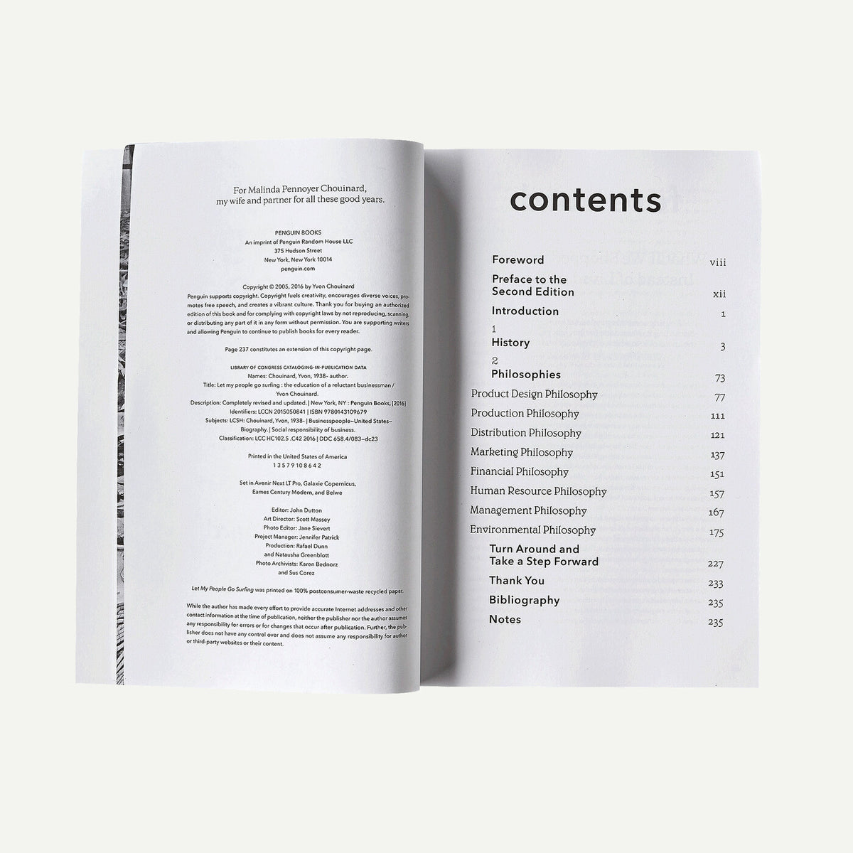 An open book showing the table of contents page from the front and back, photographed against a clean off-white background.