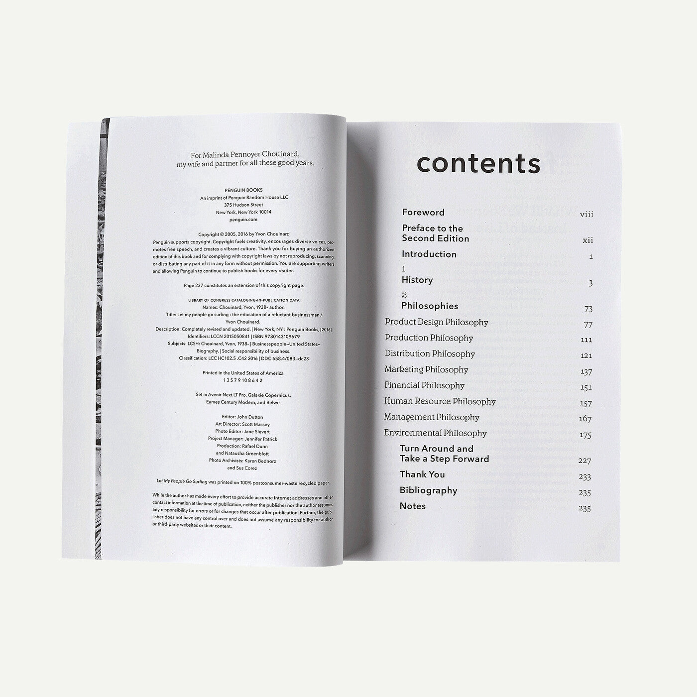 An open book showing the table of contents page from the front and back, photographed against a clean off-white background.