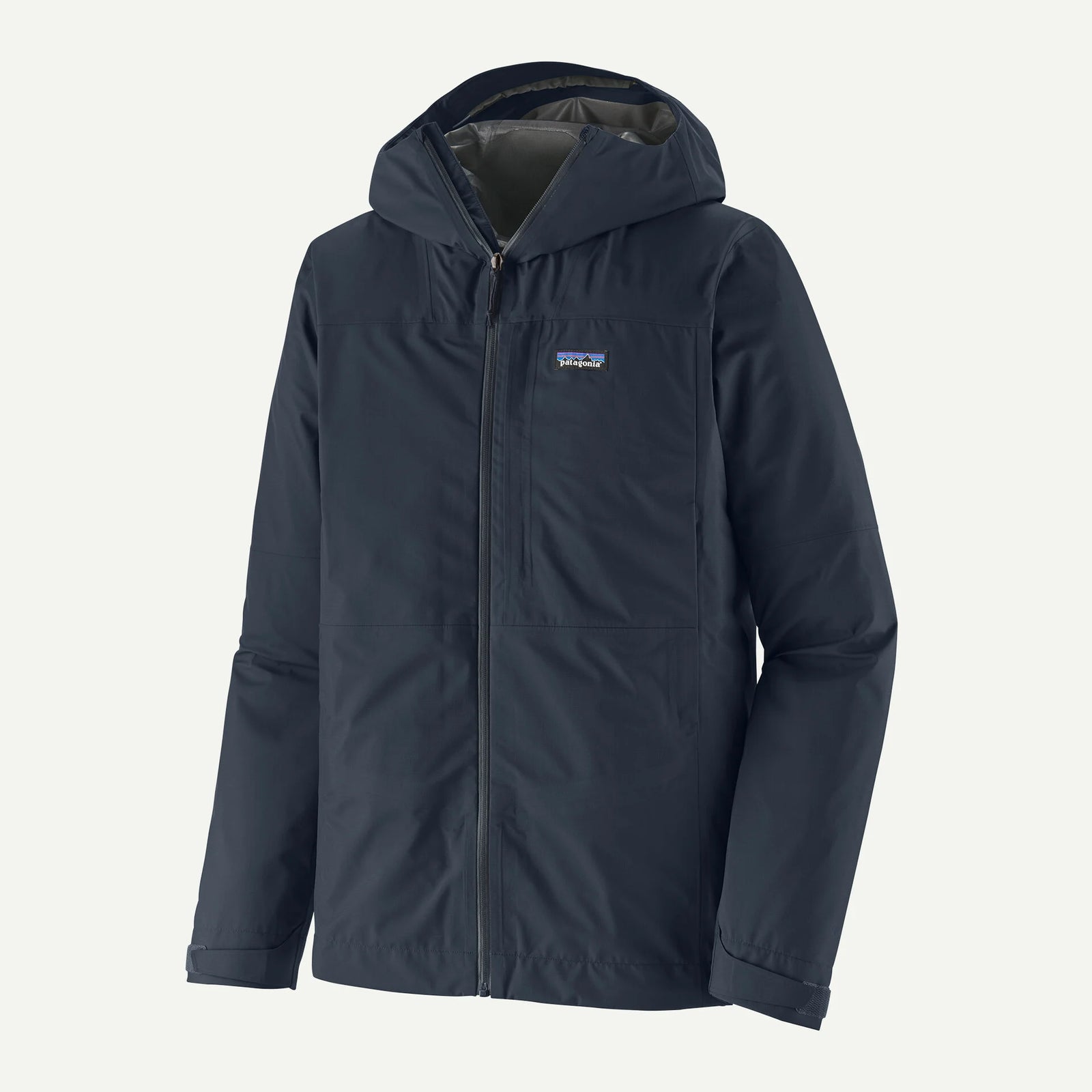 Navy blue jacket with a brand logo on a light gray background