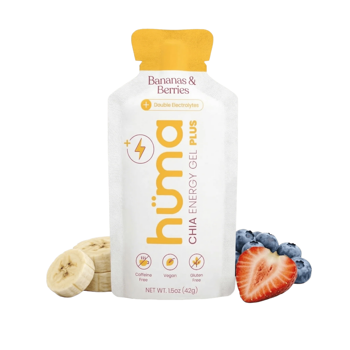 A 1.5 oz pouch of hümä Chia Energy Gel Plus in Bananas &amp; Berries flavor, shown on a white background with banana slices on the left and blueberries and a strawberry on the right.