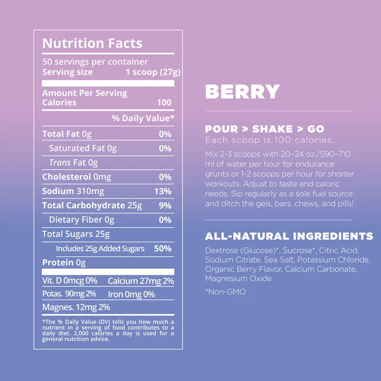 A purple and lavender background with a Nutrition Facts panel on the left and product text on the right. The text reads 'BERRY' and describes serving size, calories, fat, sodium, sugar, and all-natural ingredients.