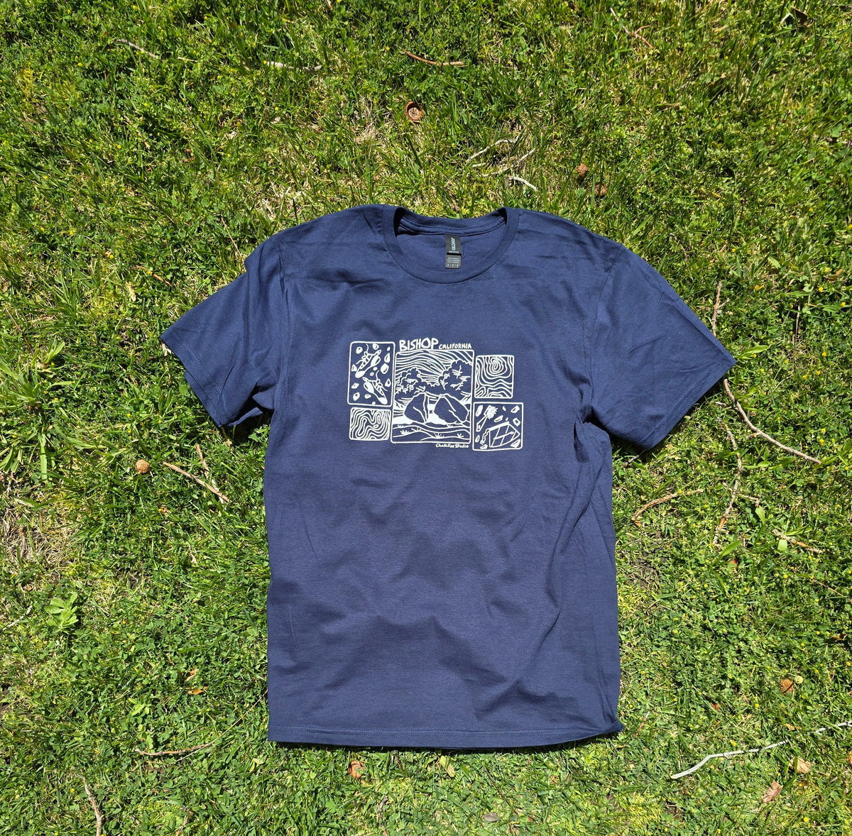 Blue t-shirt with graphic design on grass