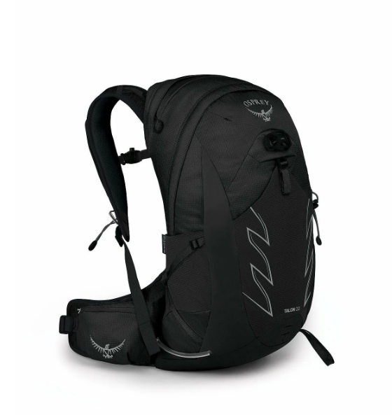 Men's Talon 22 Pack in Black showing helmet holding clip, mesh water bottle side pockets, and a convenient mesh front pocket for quick-access items.