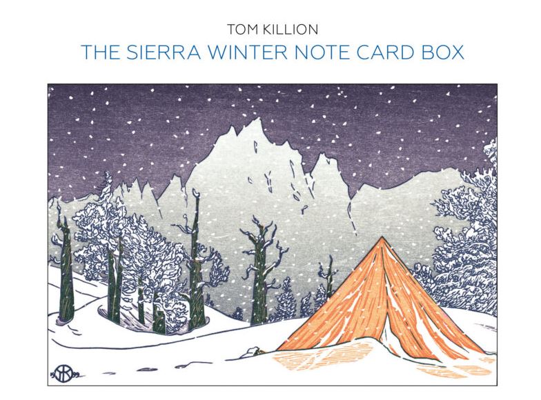 a photo showing the box that the tom killion sierra winter note cards are in, featuring a tent in the snow with mountains behind