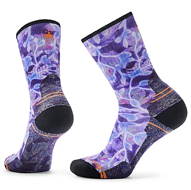smartwool womens hike floral print crew socks in purple iris color