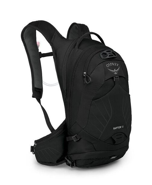 a photo of the osprey raptor 10 in the color black, front view