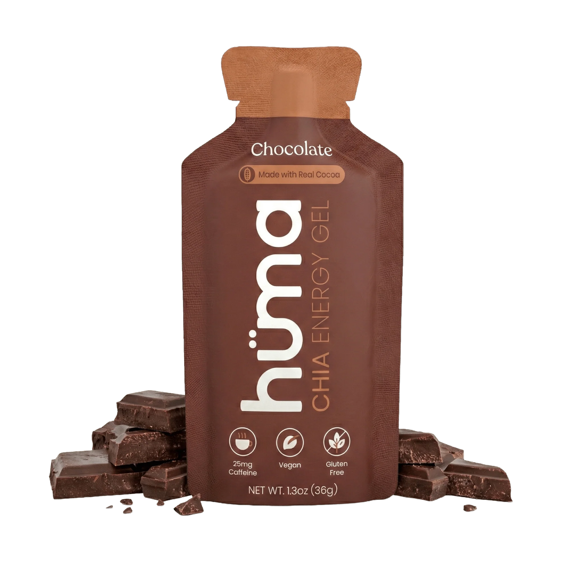 A brown Huma Chia Energy Gel pouch in Chocolate flavor, styled with chocolate chunks on a clean white background.