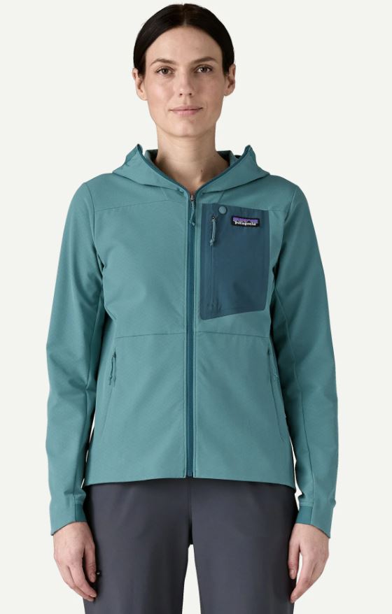patagonia womens r1 cross strata hoody in the color wetland blue, front view, on model