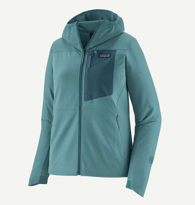 patagonia womens r1 cross strata hoody in the color wetland blue, front view