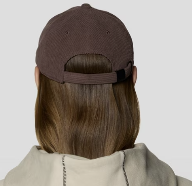 Rear view of a person wearing a dark brown corduroy baseball cap with an adjustable strap, paired with a light beige hoodie against a plain light gray background.