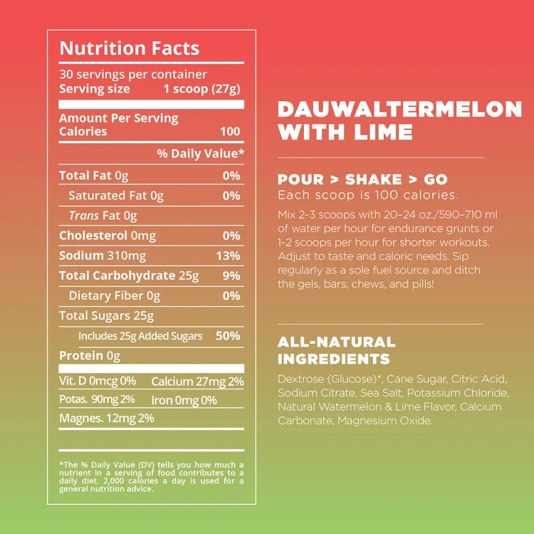 A nutrition facts panel and product instructions for Dauwaltermelon with Lime on a red-to-green gradient background. The left side shows a nutrition label for a scoop of the product, and the right side gives pouring, shaking, and going instructions plus all-natural ingredients list.