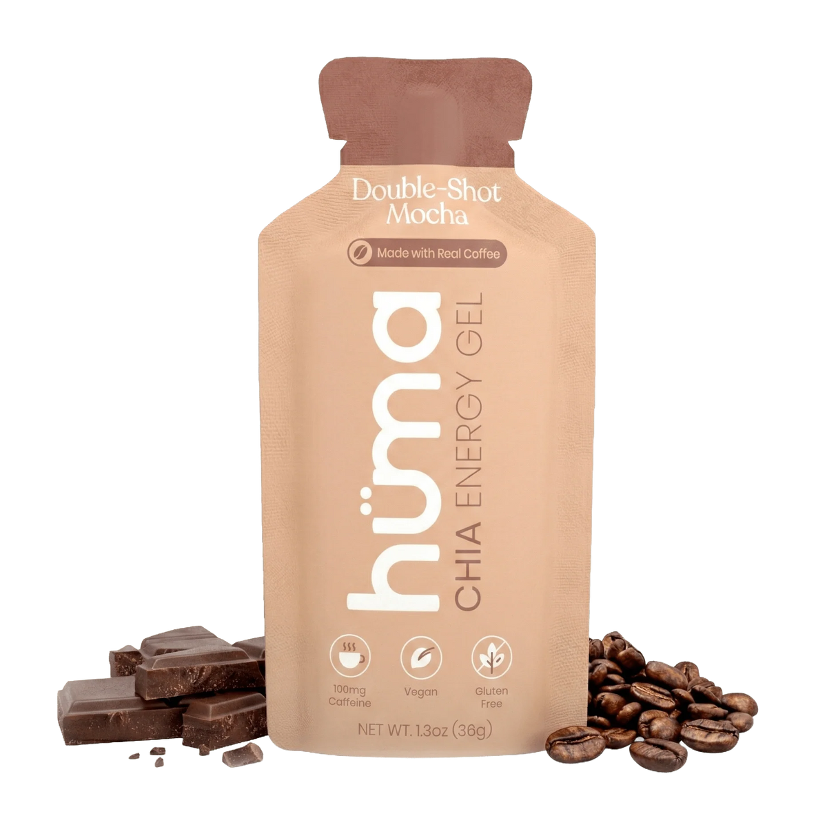 A 1.3 oz pouch of hümä Double-Shot Mocha Chia Energy Gel, styled with chocolate pieces and coffee beans on a white background.