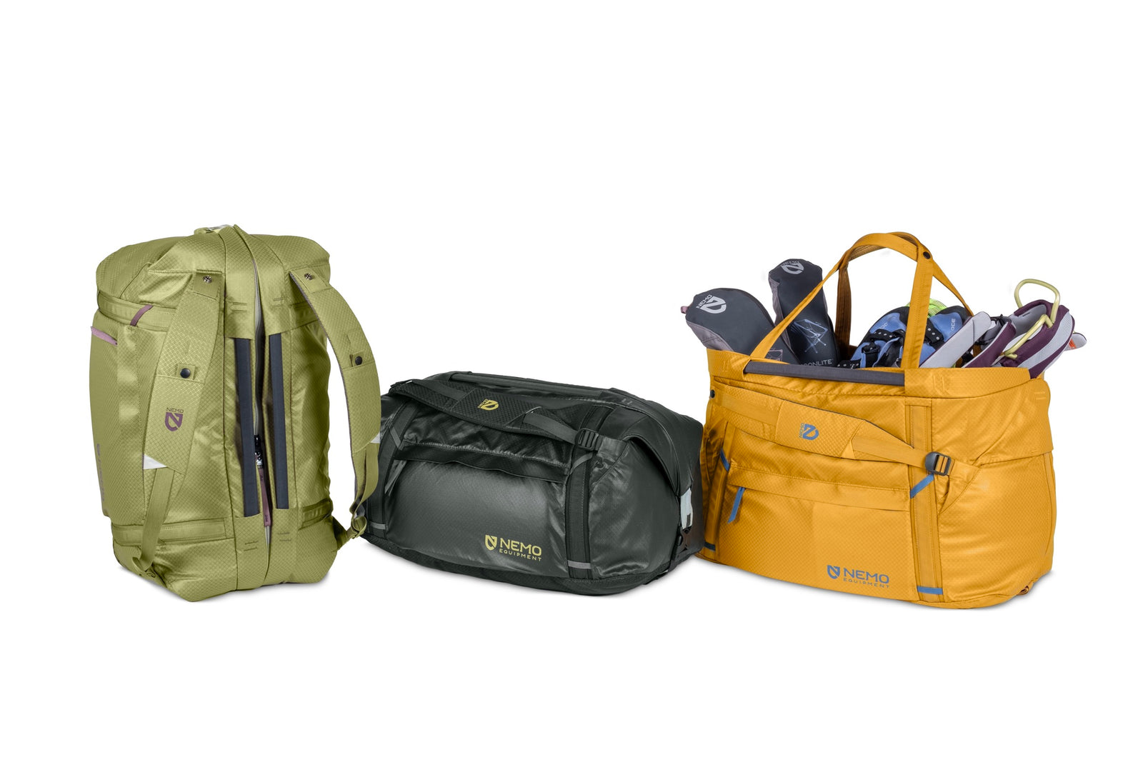 ways to use the double haul duffle, including as backpack, duffel bag, and tote bag on a white background.