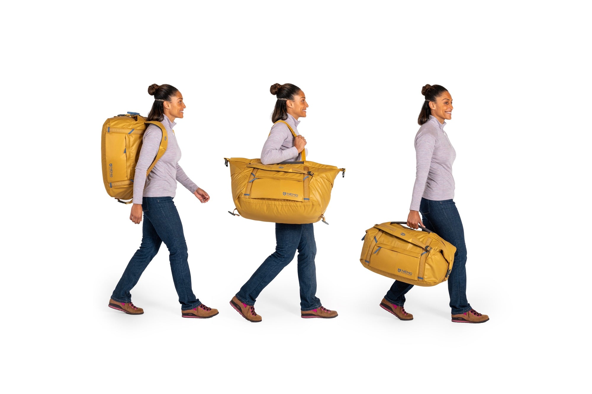 Woman carrying a yellow backpack, duffel bag, and suitcase in three different poses on a white background