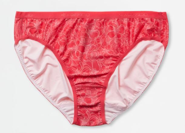 Ex Officio Women's Give-N-Go 2.0 Bikini Brief in the pattern teaberry hibiscus (red with flowers)