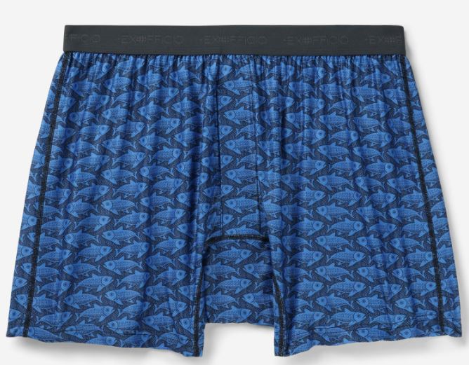 Ex Officio Men's Give-N-Go 2.0 Boxer in the pattern lagoon tranquil trout (blue with fish)